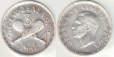 1942 New Zealand silver Threepence (aVF) A002391